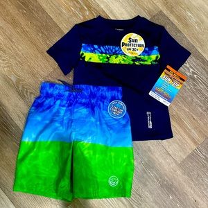 NEW!!! 2os ZeroXposur swim shirt with trunks navy/ green/blue UPF 50+